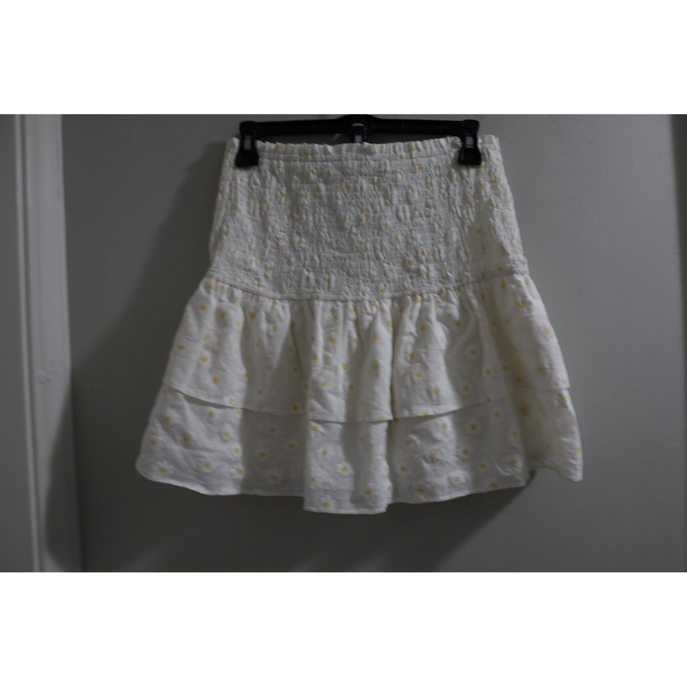 Storia White Yellow Daisy Floral Smocked Tiered Mini Skirt JS1848F Womens Size M